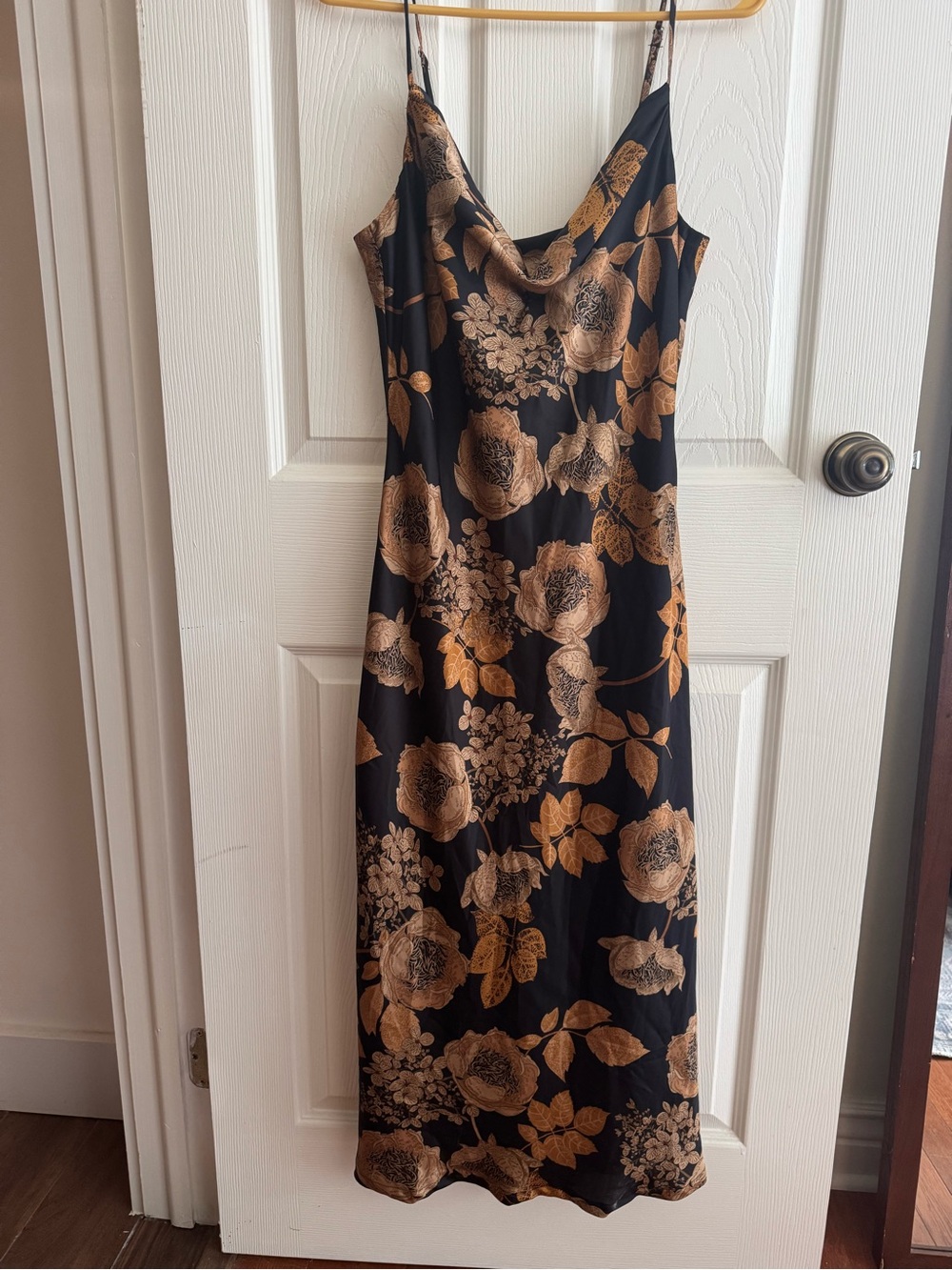 Lulu's Black Slip Midi Dress with Gold Floral Print
